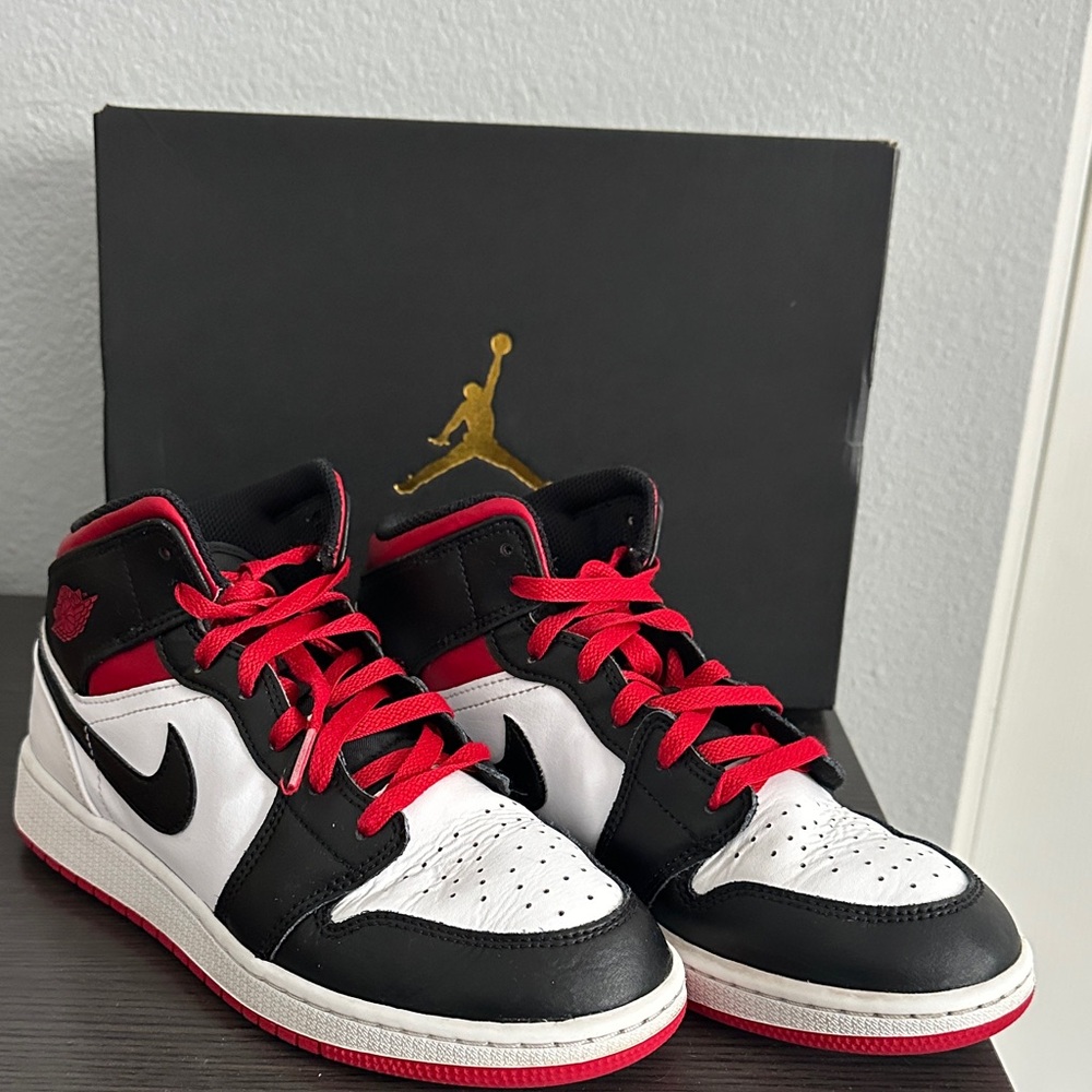Nike Kids Air Jordan 1 MID Sneakers - Black, Red, and White